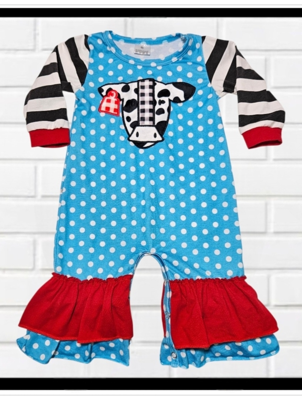 COW Applique Polka Dot Blue Girl Toddler One-Piece with Red Ruffle 18-24 Mos